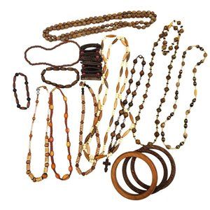 16‎ Piece Boho Jewelry Lot Wood Natural Artisan Necklaces Choker Bracelets Brown